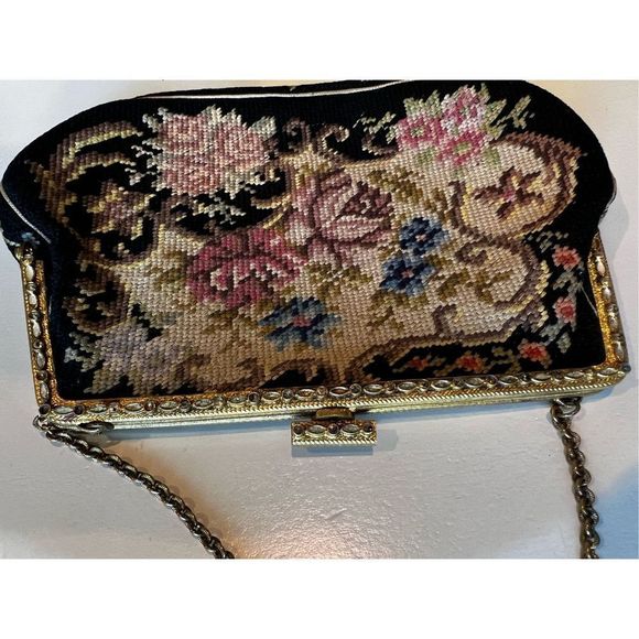 Vintage Petite Point Embroidered Needlepoint Floral Regency Core Petite Point Ha - Picture 7 of 10